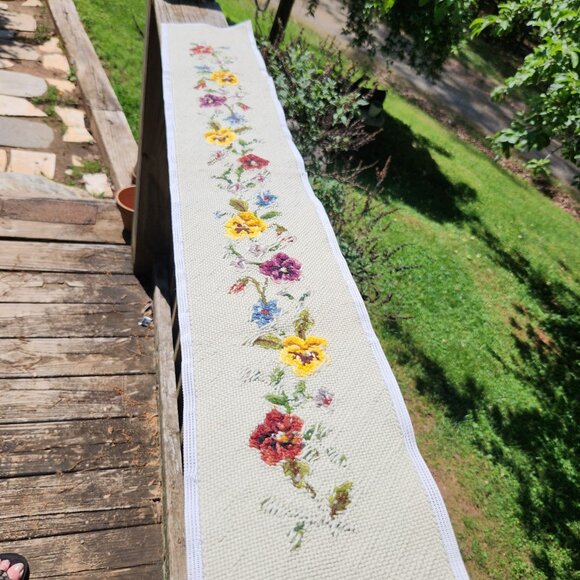 Vintage Hand-Stitched Floral Cross Stitch Runner 42" X 7" - Picture 11 of 15